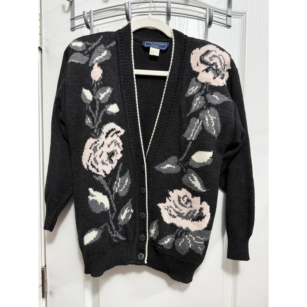 Norton McNaughton Vintage 80s Black Rose Floral Knit Cardigan Sweater Womens S P